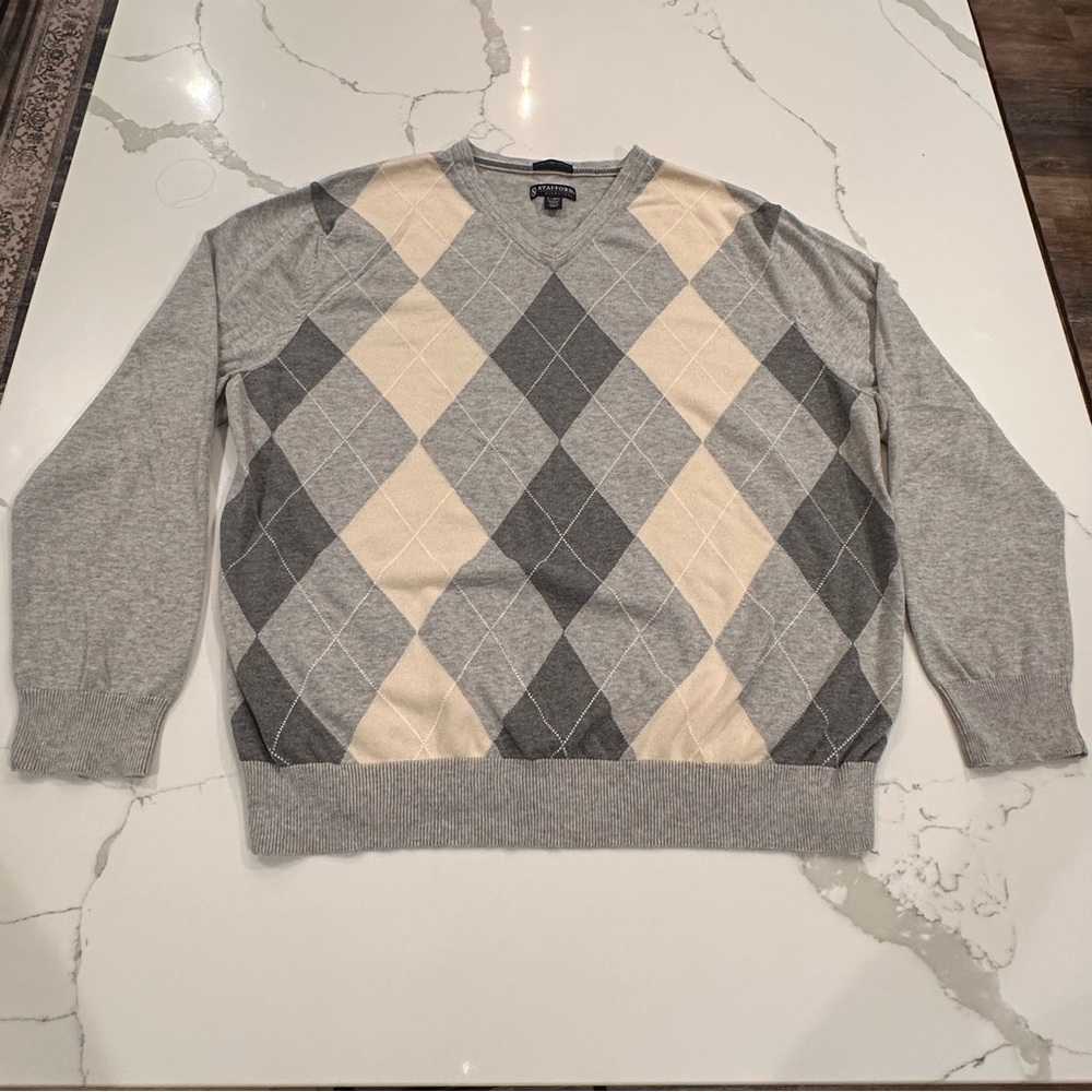 Stafford Vintage 90s Y2K Argyle Sweater Mens Sz XL Gray Ivory Collegiate Preppy